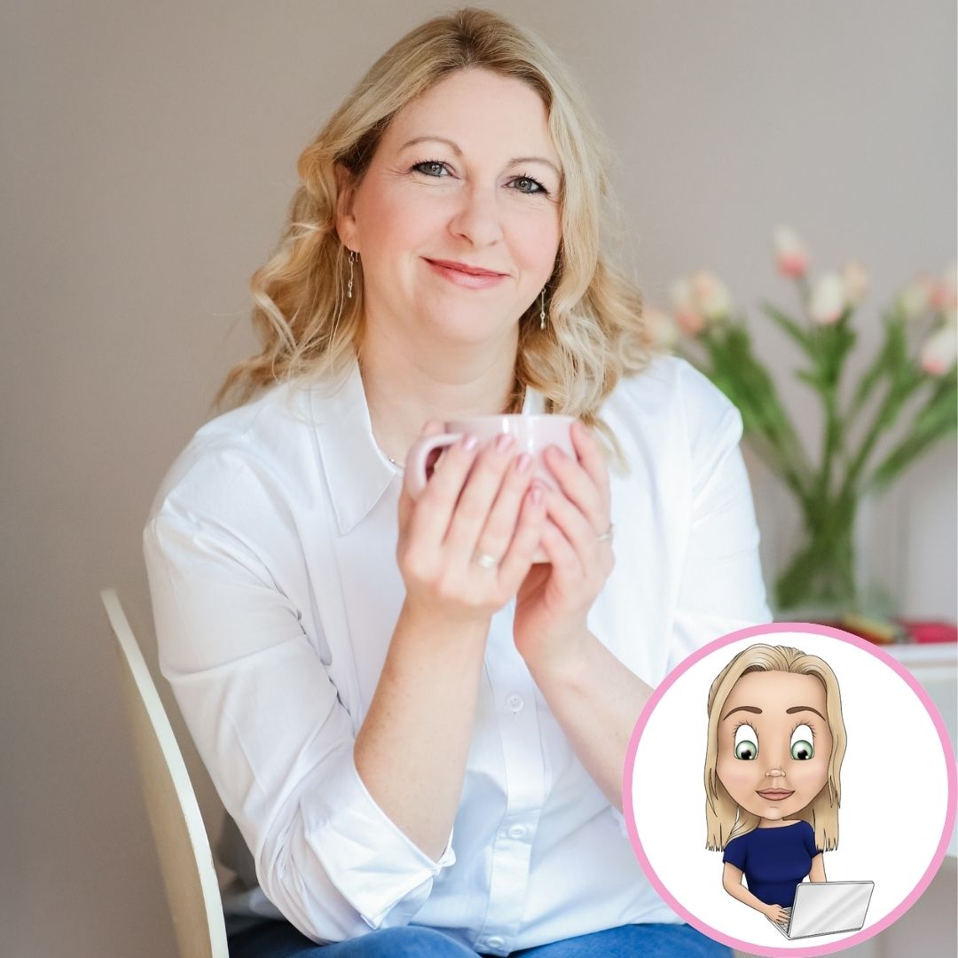 Holly Christie – Website Designer’s Diary (1) Image of Holly Christie sitting on a chair, looking at the camera and smiling, holding a coffee cup in both hands. Further down the image is a cartoon version of Holly sitting and working on a laptop.