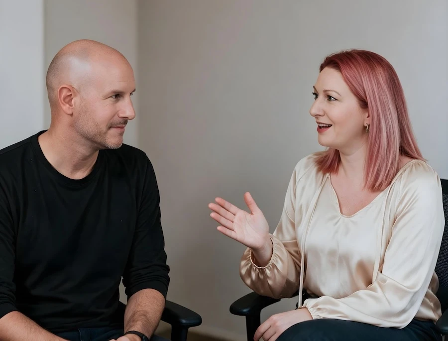 Image of Holly Christie and Neal Veglio sitting next to each other at an angle, Neal is looking at Holly, who is talking animatedly to him. 